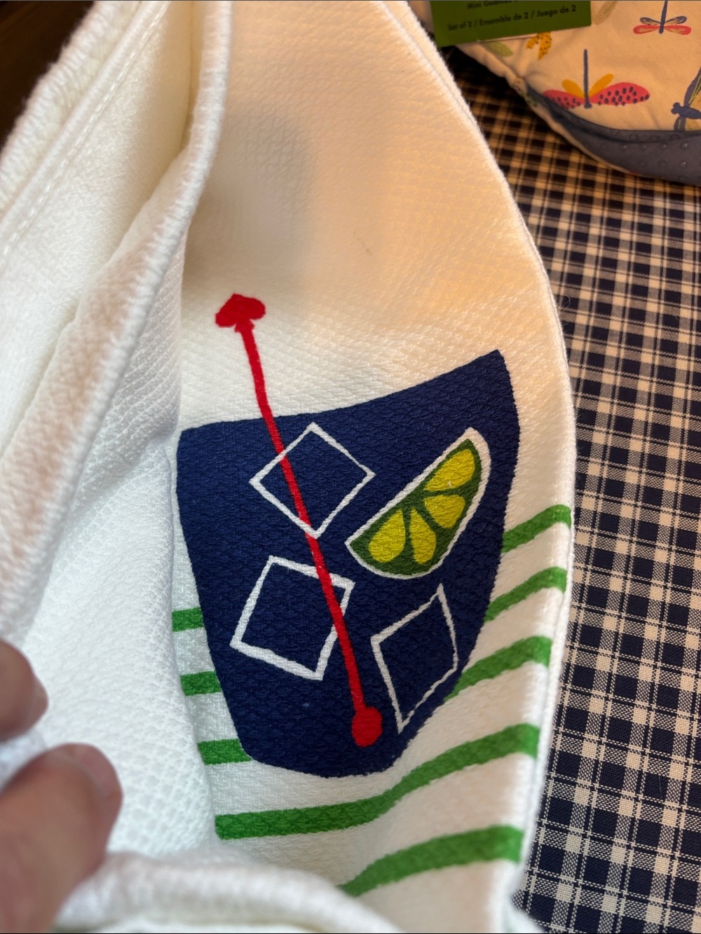 kate spade White, Navy, Green & Blue Dragonfly Oven Mitt with Cocktail Towel - Picture 4 of 7